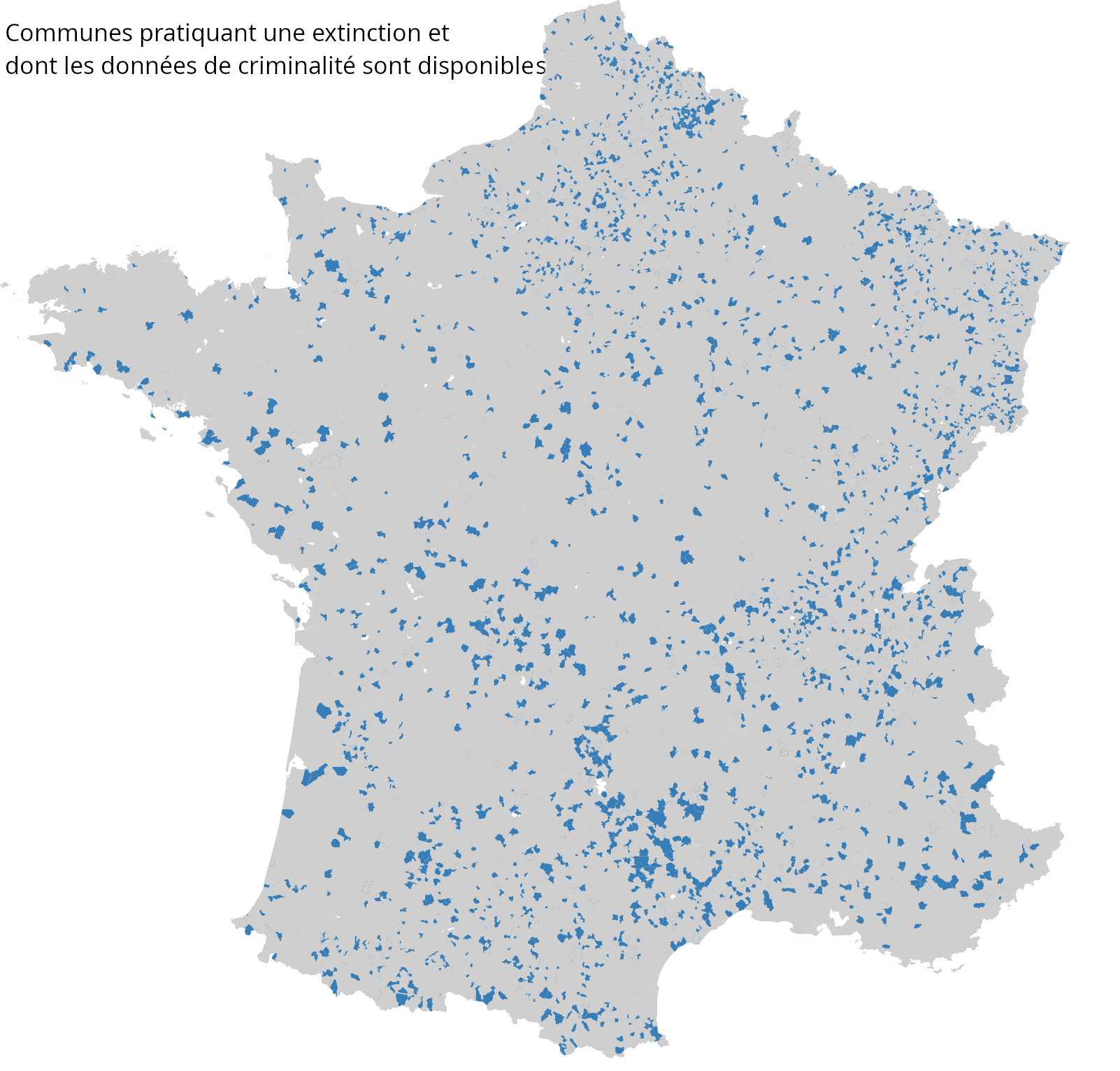 Carte de France
hexagonale montrant les communes où une extinction est pratiquée ET où les données
de criminalité sont disponibles.